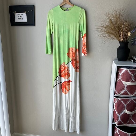 Alice + Olivia Delora‎ Open Back Green Tulip Print 3/4 Sleeve Crew Maxi Dress 6 - Picture 3 of 12